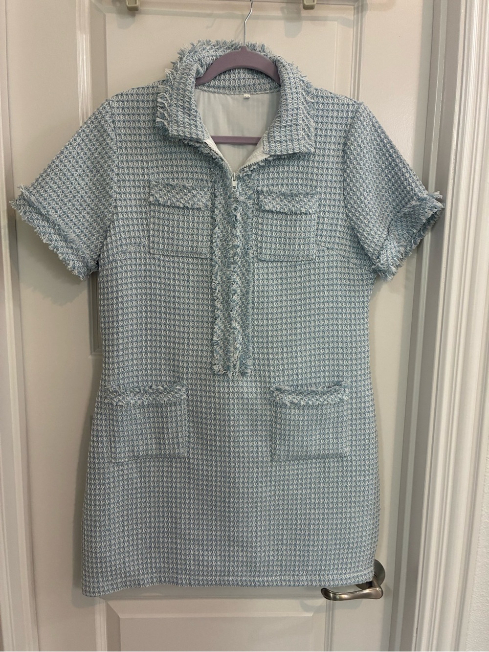 Light Blue Tweed Mini Dress with Fringe Trim